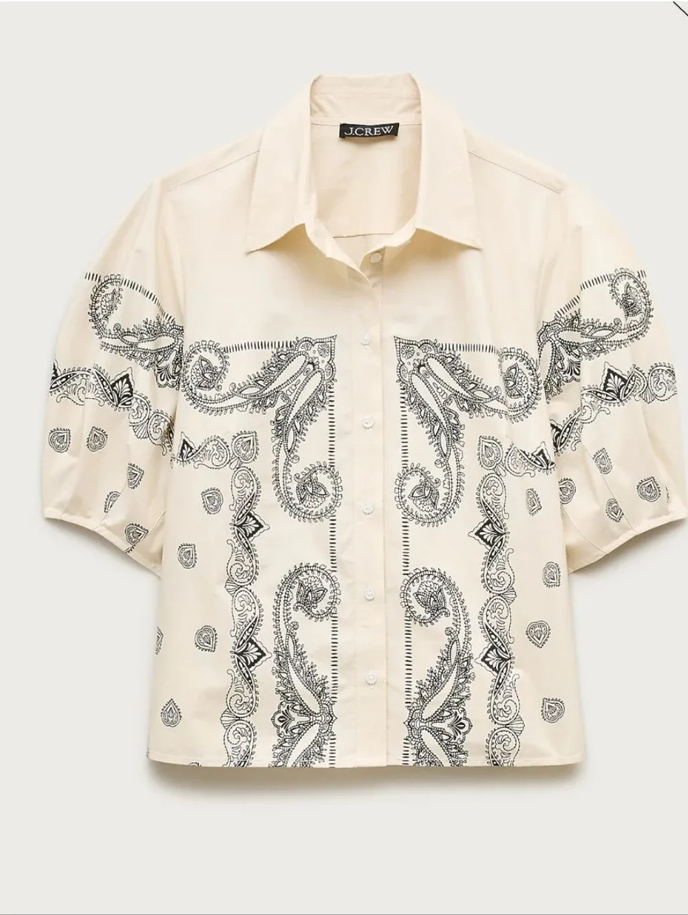 J.Crew Cream Short- Bell Sleeve Bandana-Print Downs button-up Shirt Sz 8 $128